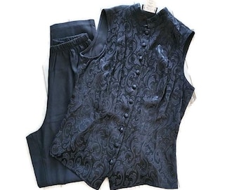 Vintage 90s Damask Brocade Vest Pant Set – Dark Blue, Tie-Back