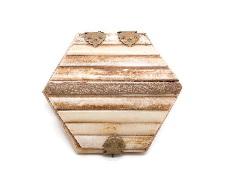 Vintage Handmade Camel Bone and Brass Jewelry Box - Velvet Lined Trinket Storage - Hinged Indian Sudha Style Box - 5 Inch