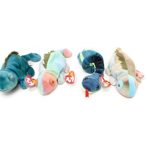Vintage Ty Beanie Babies - (2) IGGY Iguanas, Tye Died - HISSY the Snake -Rare Blue IGGY Iguana - Plush Collectibles - New With Tags