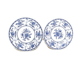 Vintage Johnson Brothers INDIES - Bread and Butter Plates - 6 1/8" Diameter - Blue and White - Made in England - Black Back Stamp - Set of 2