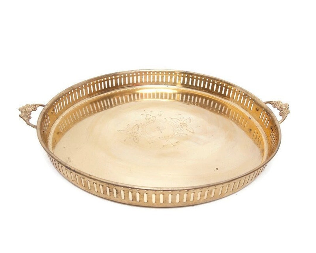 Vintage Round Brass Serving Tray Etched Floral Design Etsy