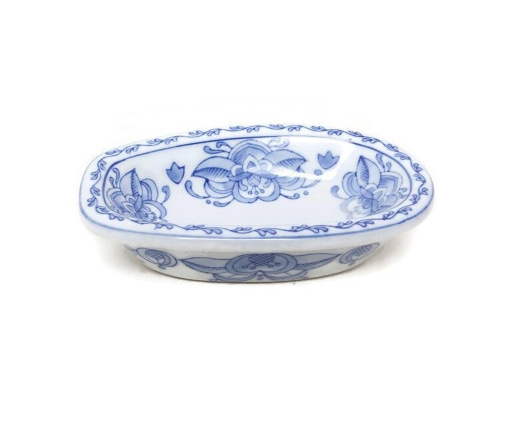 Vintage Bathtub Shaped Soap Dish Blue and White Floral Ceramic Etsy