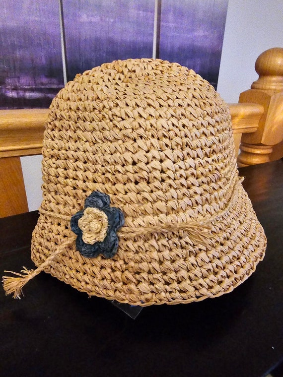 Vintage Cherokee Crochet Straw Bucket Hat - Sun P… - image 1