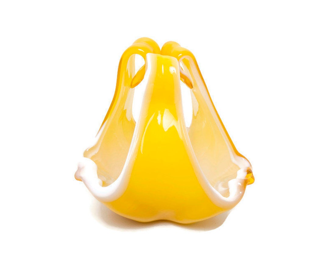 Vintage Murano Basket Yellow and White Pulled Stretch Glass Ashtray