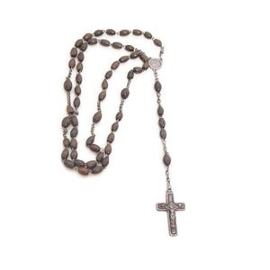 Vintage Catholic Rosary Necklace – Stamped FRANCE – Brown Wooden Beads & Metal Crucifix – 19&quot; Religious Prayer Beads