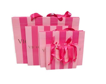 Vintage Victoria's Secret Gift Bag Set: Pink Stripe, Gold Logo - 8 Bags + Gift Box