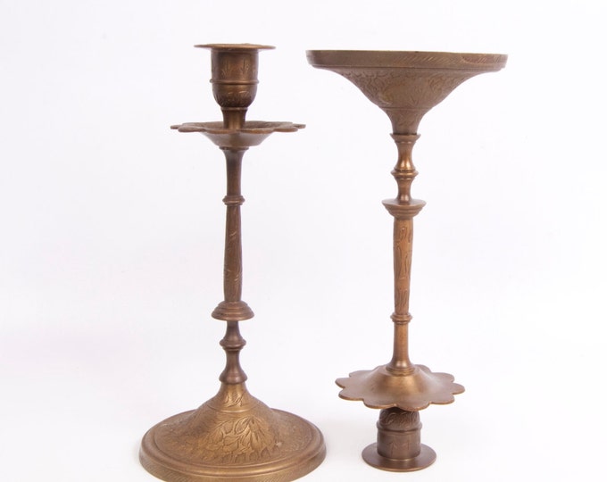 Vintage Brass Candlesticks India Ornate Pair Candle Stick Holders Table