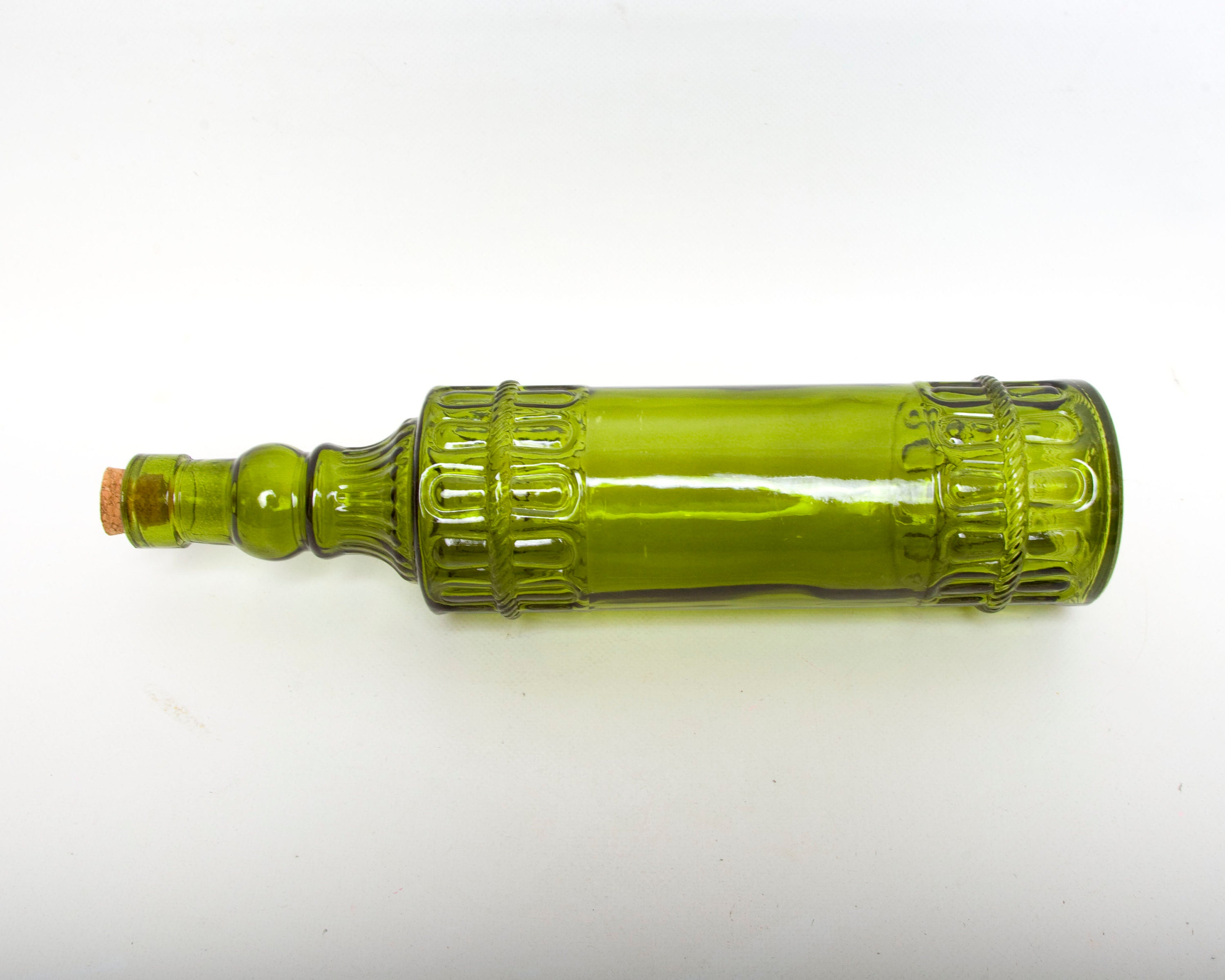Vintage Green Glass Bottle With Cork Stopper Raised Design Etsy