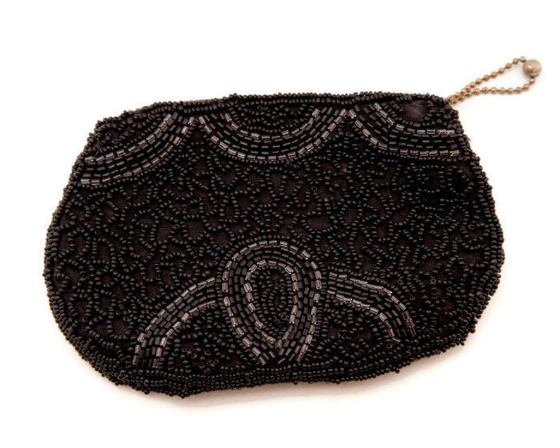 Vintage Black Seed Bead Coin Purse Hand Beaded Travel Pouch Zipper Closure Elegant Accessory Makeup Bag Small clutch Jewelry Bag