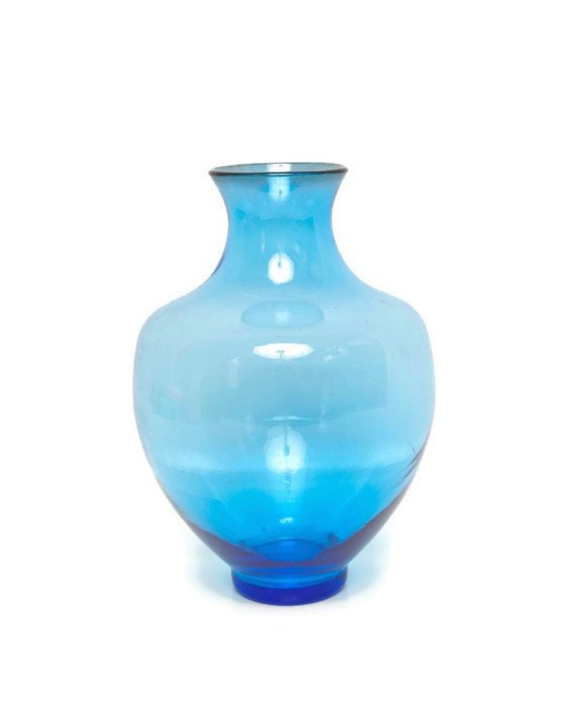 Vintage Swedish Turquoise Glass Vase Cobalt Blue Base Rim Hand Blown Bulbous Art Glass SWEDEN Floral Arrangement Centerpiece Window Display il 794xN nfv0