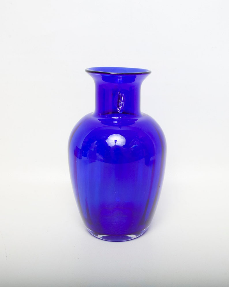 Vintage Blenko Cobalt Blue Glass Vase Applied Crystal Handles Etsy Australia