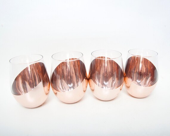 Tilted Copper Stemless Wine Glasses Tumbler Drinking Set, Wine