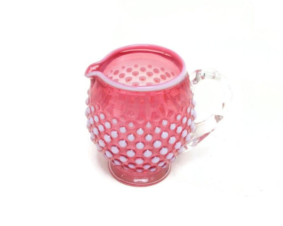 Vintage Fenton Cranberry Opalescent Hobnail Pitcher Pink White Art