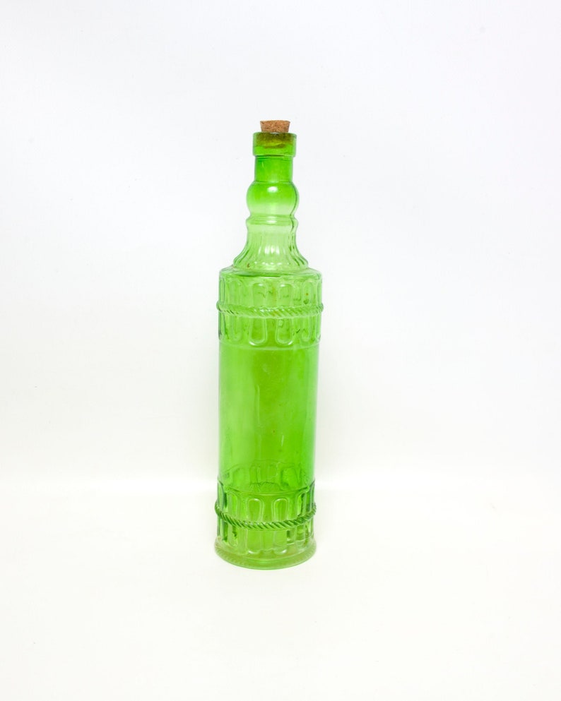 Vintage Lime Green Glass Bottle With Cork Stopper Raised Etsy