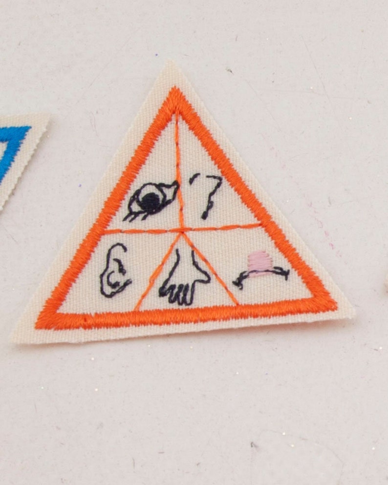 May include: A triangular patch with an orange border and a cream-colored interior. The patch is divided into four sections, each containing a simple black illustration: an eye, a question mark, an ear, a hand, and a hat.