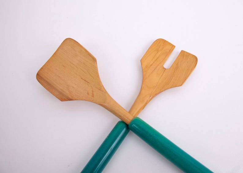 Vintage Wood Salad Servers Teal Wood Handles Hand Carved Teak Wood Salad Tossers Round Handled Wooden Utensils