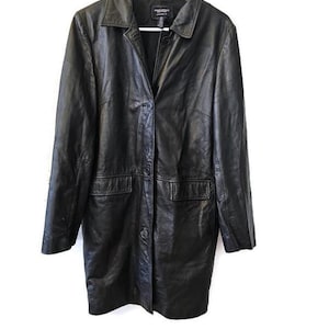 Vintage American Eagle Outfitters Women&#39;s Long Black Leather Coat – Button-Up, Fully Lined, Size Large