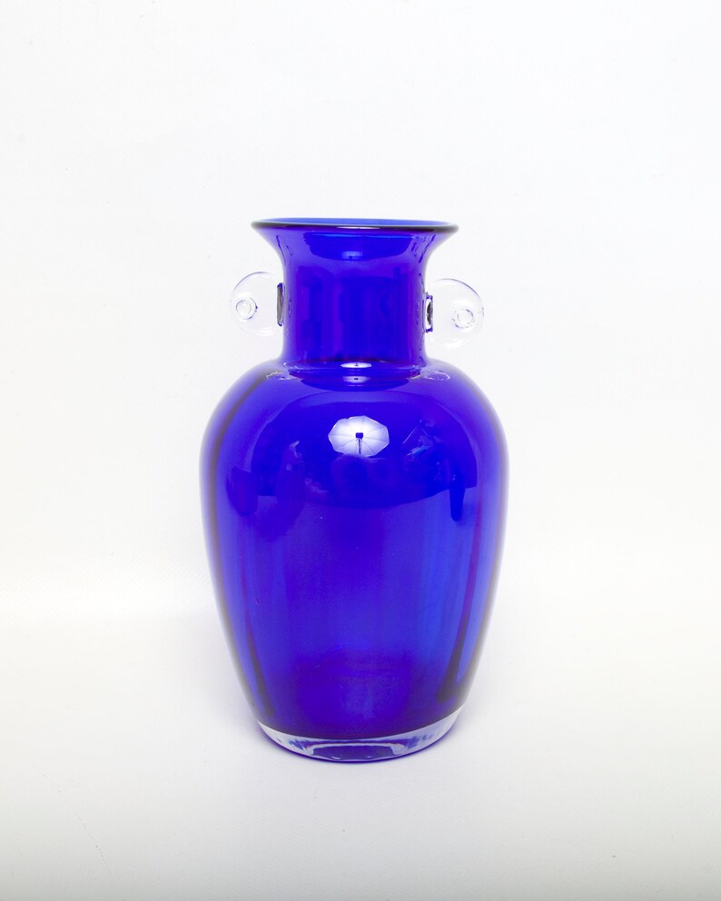 Vintage BLENKO Cobalt Blue Glass Urn Flower Vase Applied Etsy