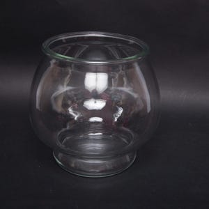 May include: A clear glass bowl with a rounded body and a wide opening. The bowl sits on a small, circular base. The glass is transparent, allowing light to pass through. The bowl is likely used for decorative purposes or as a container.