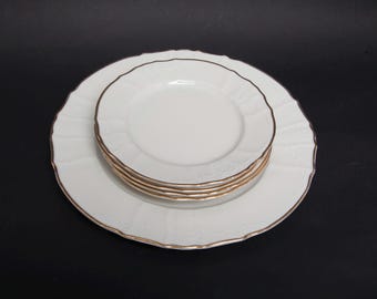 ヴィンテージ バウムブラザーズ ベルナドッテ アイボリー磁器セット：金縁のチョッププレート＆ケーキプレート