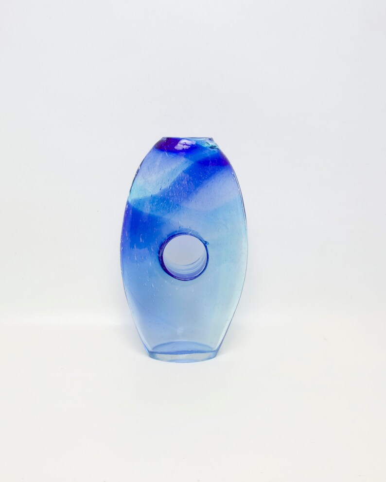 Vintage Donut Hole Vase 10 Inch Art Glass Blue Ribbon Swirls Etsy