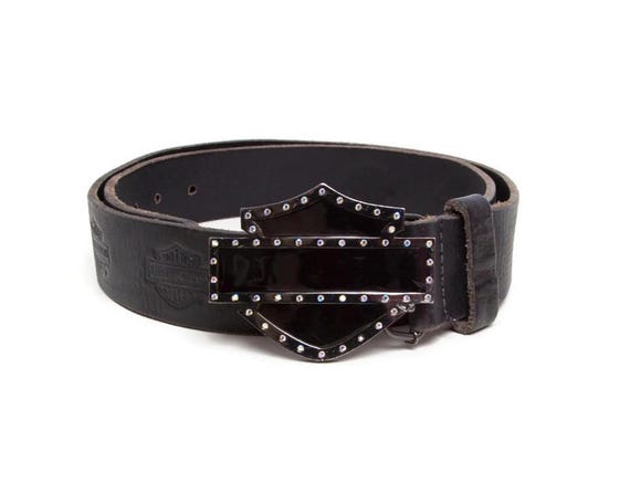 Vintage Harley-davidson Rhinestone Buckle Leather Belt - Biker