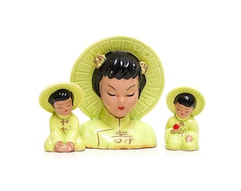 Vintage Japan Geisha Salt Pepper Shakers Set Napkin Holder Asian Children Lime Green