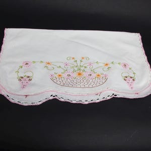 Vintage Hand-Embroidered Floral Table Runner – 40” x 17” – Basket of Flowers – White & Pink Edge