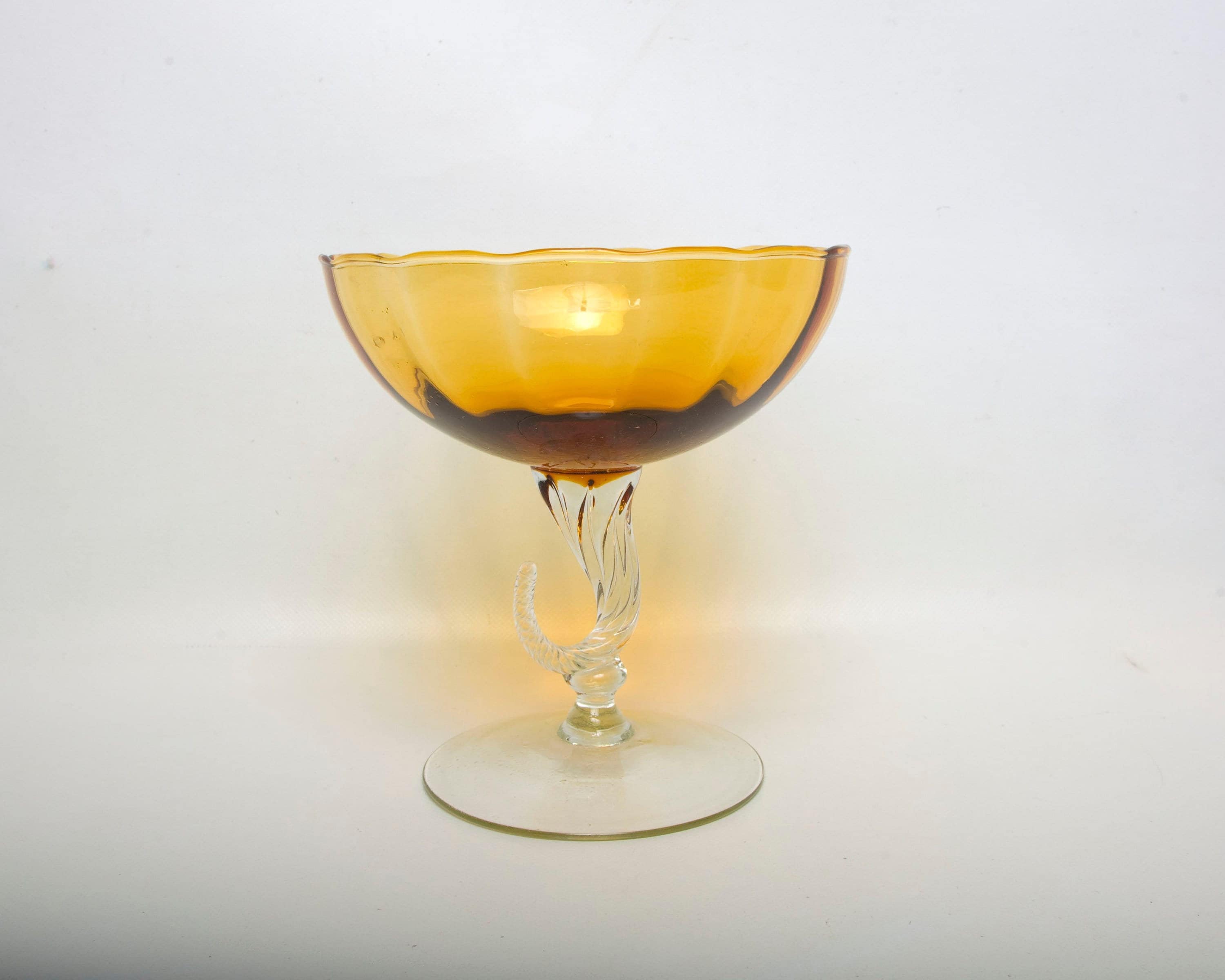 Empoli Compote Dish Covered Pedestal by Empoli Glass Italy Amber and Clear Glass Empoli Compote Dish Covered Pedestal by Empoli Glass Italy Amber and Clear Glass