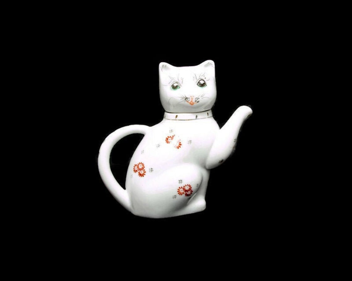 Vintage Chinese Porcelain Lucky Cat Teapot Kitten Shaped Small Etsy