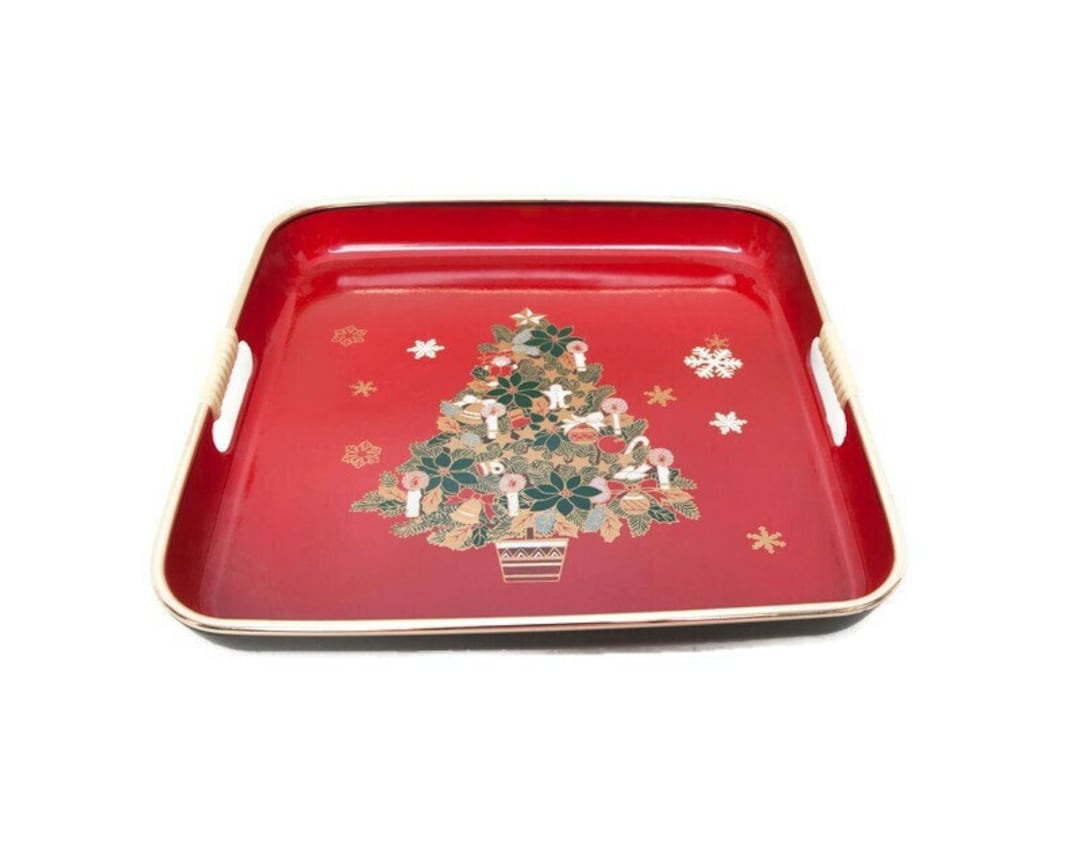 Vintage Japanese Lacquerware Tray: Hand-painted Christmas Tree