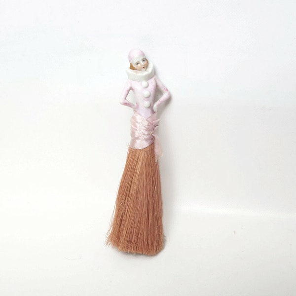 Antique 1920s Porcelain Half Doll Whisk Broom - Flapper Vanity Brush - Made in Japan - 8 Inch - Boudoir Decor