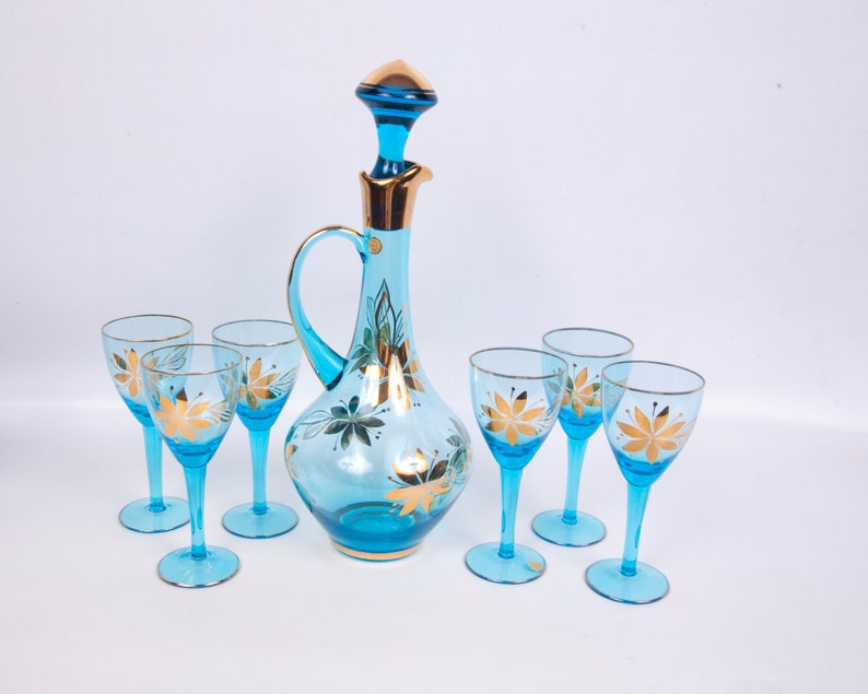 Vintage Romania Decanter Turquoise Crystal Carafe Aqua Blue Etsy