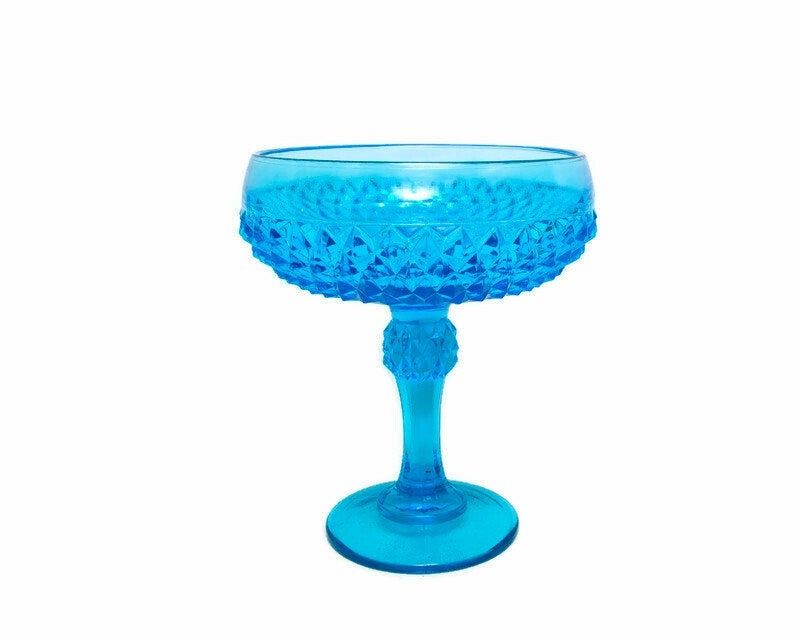 Turquoise diamant-puntcompote – vintage Indiana-glazen tiara-snoepschaal op voet 7 x 6 inch