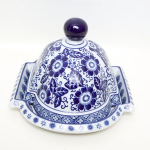 Piatto da portata ovale con copertura a cupola vintage con coperchio per formaggi, vassoio per torte 11 pollici Porcellana floreale blu cobalto immagine 5