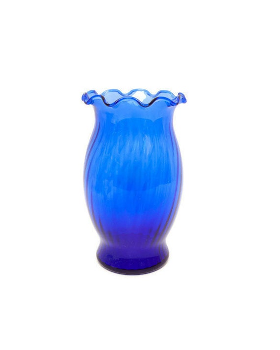 Vintage Cobalt Blue Glass Vase Swirl Glass Ruffled Edge Hand Blown Art