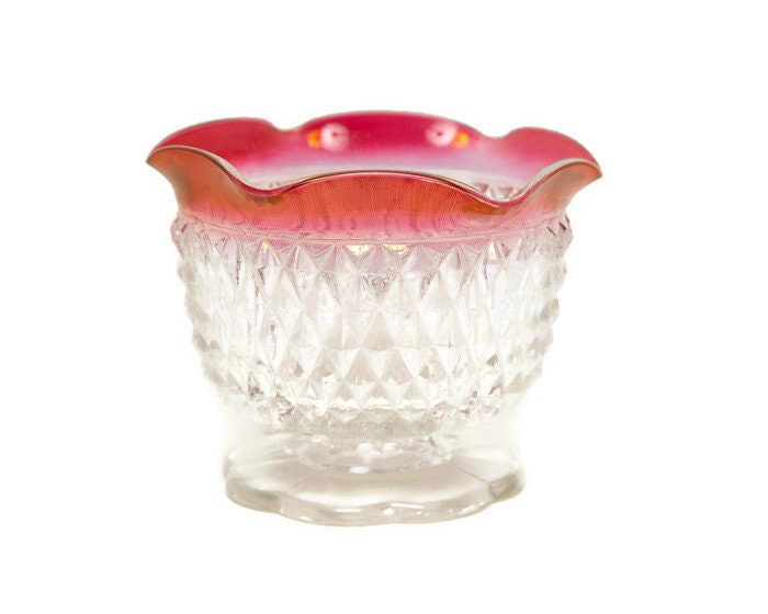 Vintage Indiana Glass Cranberry Flash Diamond Point Footed Bowl – Ruffled Rim Candy Dish – Mid-Century Pressed Glass