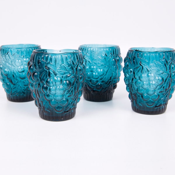 Vintage Teal Juice Glasses Raised Grapevine Design Set of Four