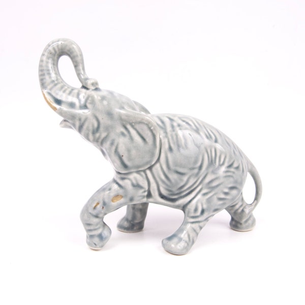 Vintage Elephant Figurine Cork Bottom Good Fortune Trunk Up Celadon Gray Glaze Pottery