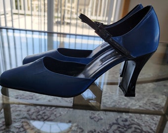 Royal Blue and Black Block Heel Square Toe Pumps Made in Spain Size 8 B