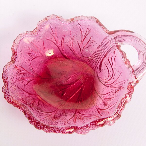 RESERVED for Ruth Vintage Pink Glass Candy Dish Nappy Open Handledberry Cranberry Glass Bowl Floral Leaf Design Trinket Holder