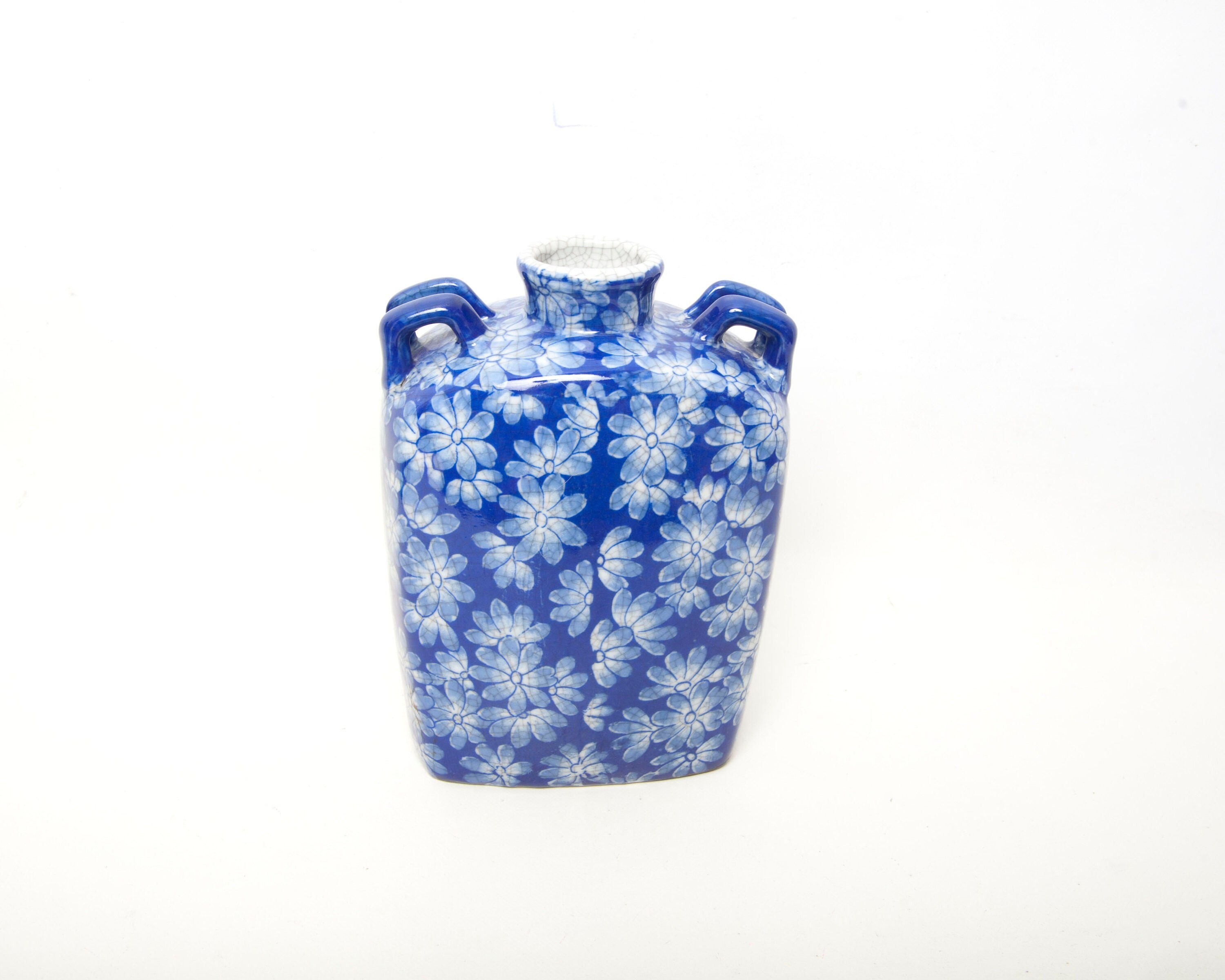 青月様 Antique Chinoiserie Stoneware Moon Flask Vase: Cobalt Blue Daisy