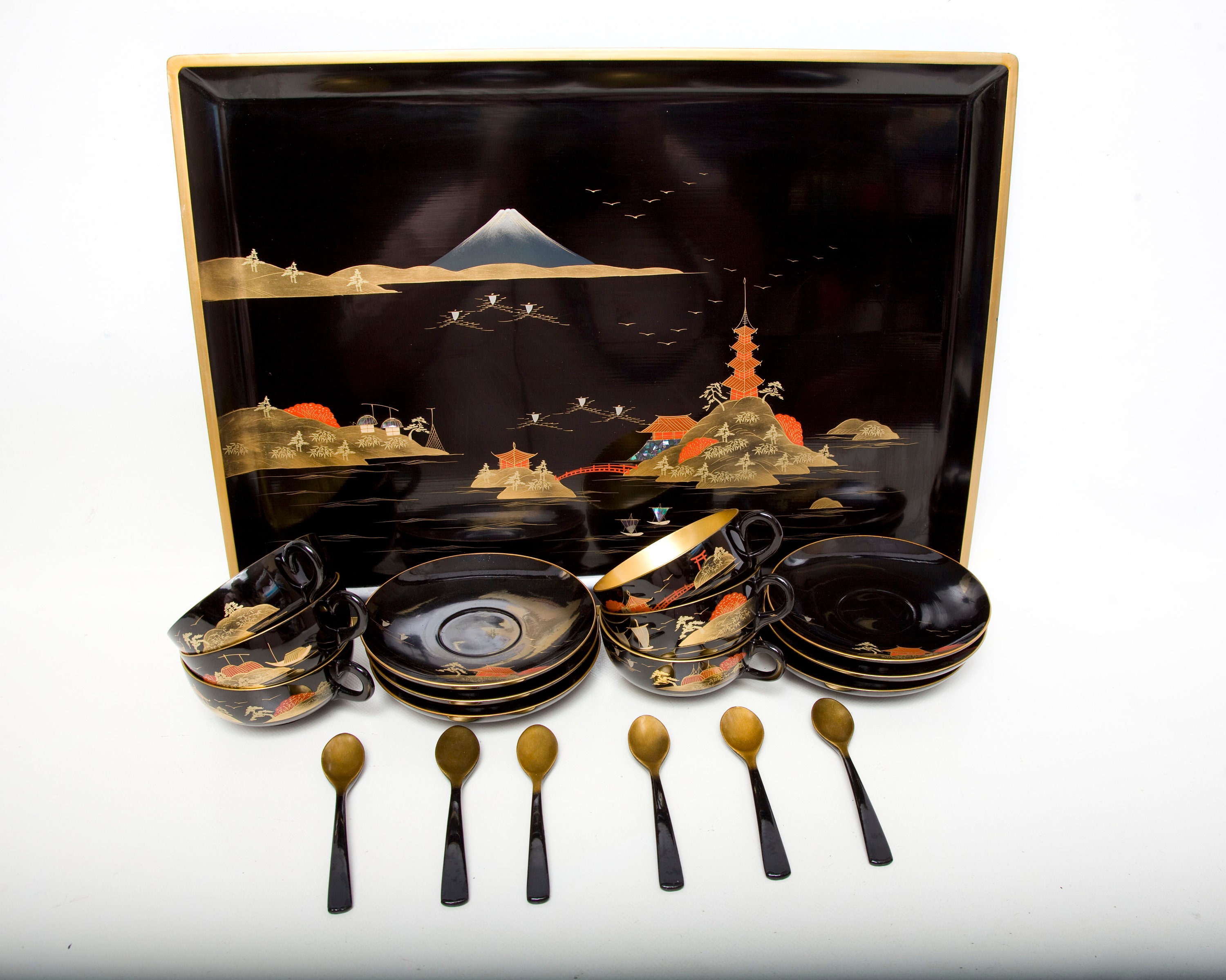 Vintage Japanese Lacquer Ware Mother of Pearl Tray 6 Cups 6 Etsy