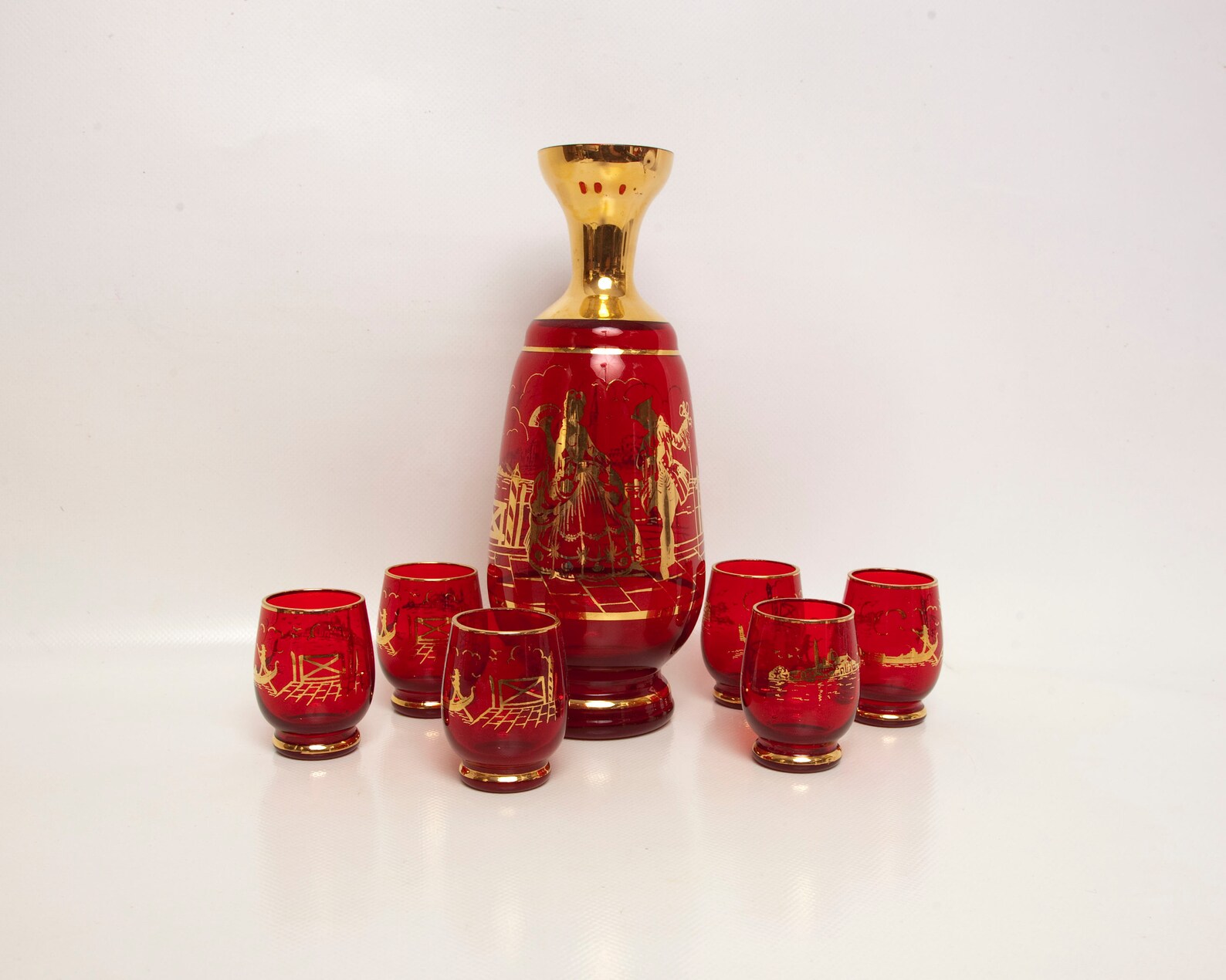 Antique Ruby Red Glass Decanter 6 Cordials Venice Etsy