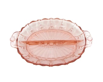 Vintage Pink Depression Glass 12" Divided Serving Platter with Handles – Pearl & Oyster - Oval Two-Section Tray – 1930s Elegant Tableware