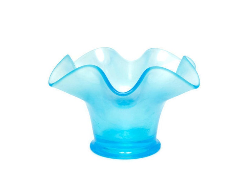 Antique Fenton Celeste Blue Stretch Glass Candy Bowl Flared Ruffled Edge Iridescent Satin Blue Early Fenton Art Glass Candle Holder Nut Dish