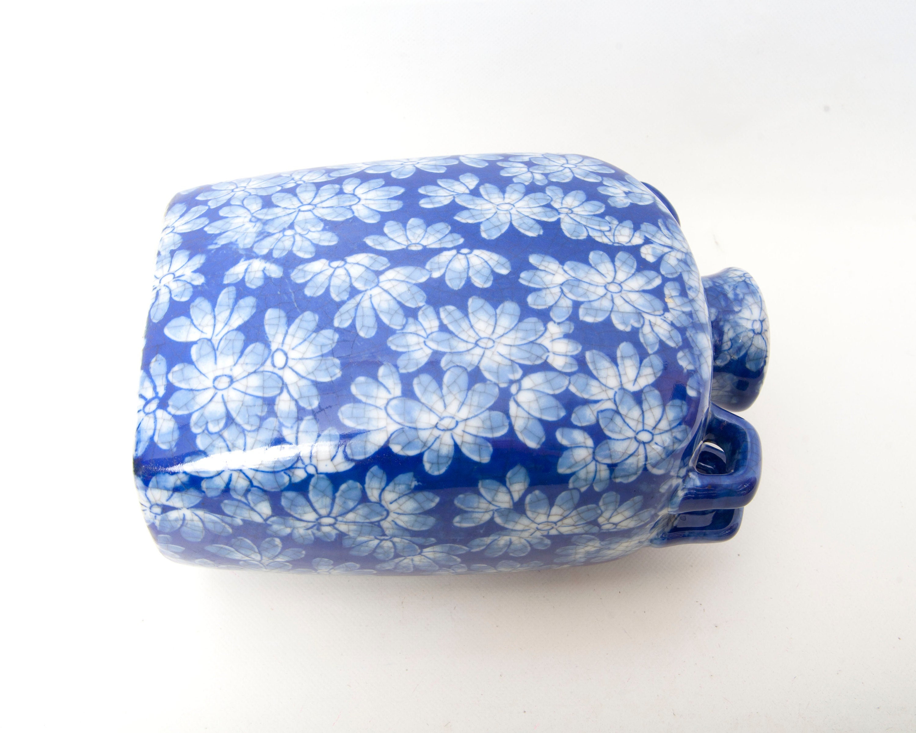 Antique Chinoiserie Stoneware Moon Flask Vase: Cobalt Blue Daisy