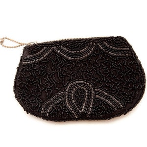 Vintage Hand Beaded Black Seed Bead Coin Purse - Zipper Closure Small Clutch Travel Pouch Jewelry Bag - 6&quot;