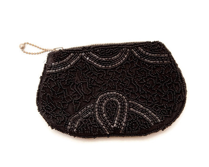 Vintage Black Seed Bead Coin Purse Hand Beaded Travel Pouch Zipper Closure Elegant Accessory Makeup Bag Small clutch Jewelry Bag