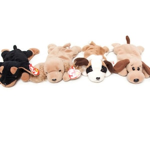 Vintage TY Beanie Babies - DOBY Doberman, SPUNKY Cocker Spaniel, Bernie Saint Bernard - Bones The Dog - All with Tags - 4 Plush Dogs